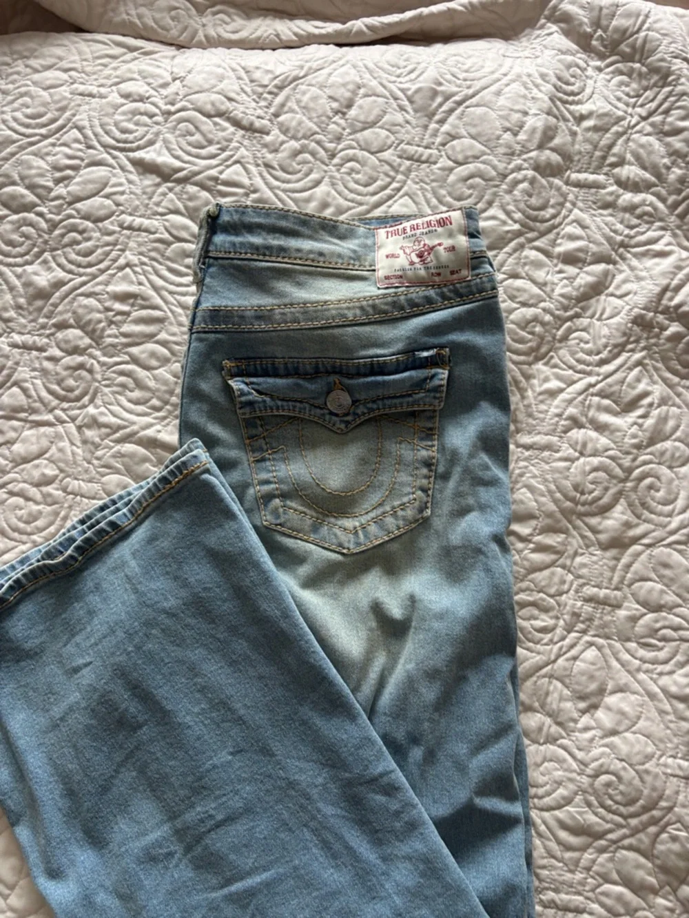 True Religion Light Blue Denim Jeans with Orange Button Accents - Picture 5 of 6